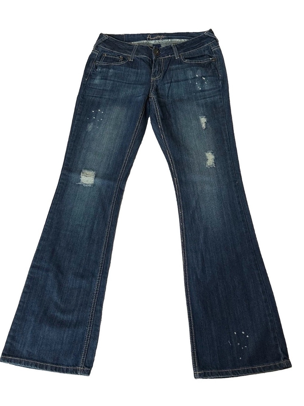 Amethyst Low Rise Flare Jeans Y2K Distressed Paint Splatter Bootcut Size 7 Boho